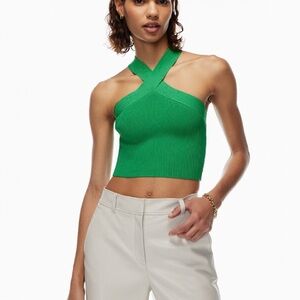 Sculpt Knit Cross Cropped Green Halter Neck Top